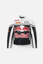 Red Bull racing leather jacket with Motul, Michelin logos, motorsport apparel from revnhaus