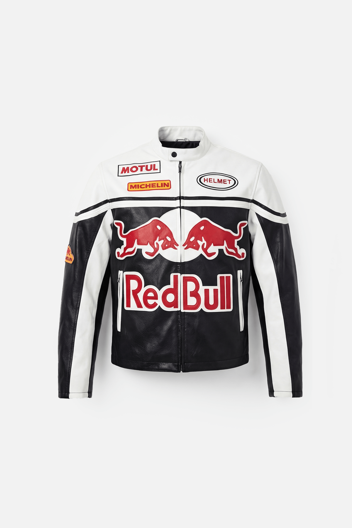 Red Bull racing leather jacket with Motul, Michelin logos, motorsport apparel from revnhaus