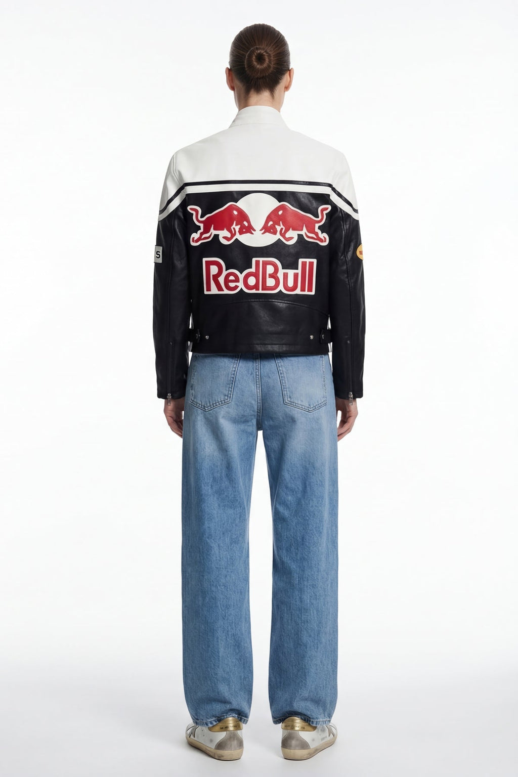 Red Bull racing leather jacket with bold logo, motorsport style from revnhaus