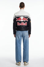 Red Bull racing leather jacket with bold logo, motorsport style from revnhaus