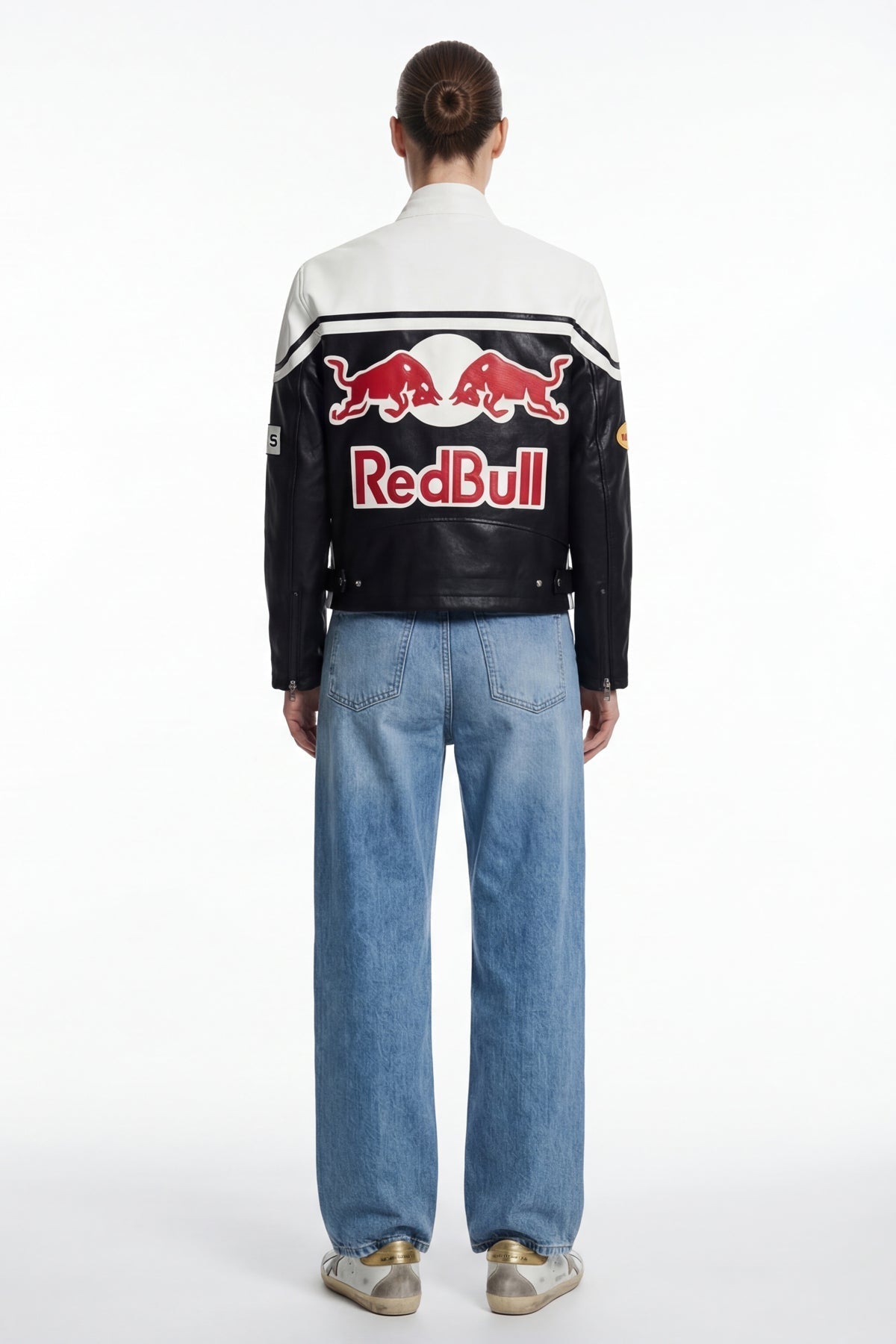 Red Bull racing leather jacket with bold logo, motorsport style from revnhaus