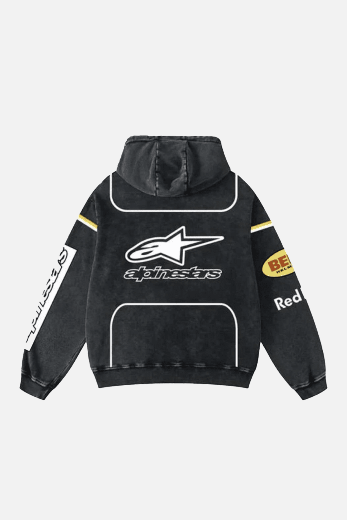 Black Alpinestars racing hoodie with sponsor logos, motorsport style from revnhaus