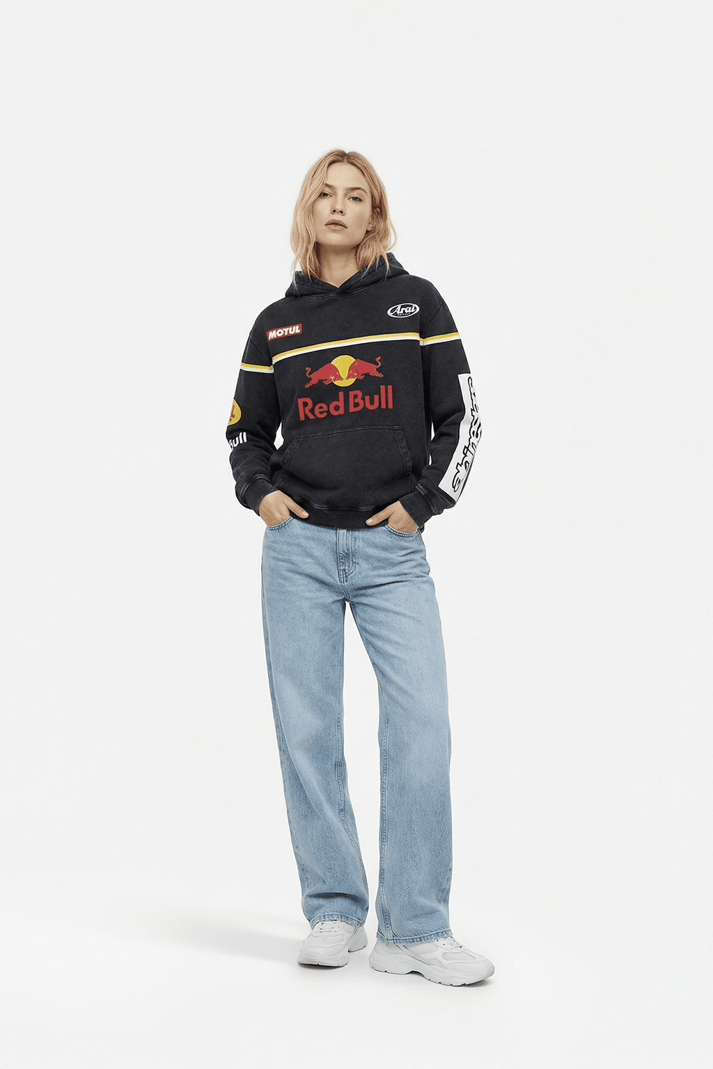 Red Bull racing hoodie with Motul and Arai logos, motorsport apparel from revnhaus