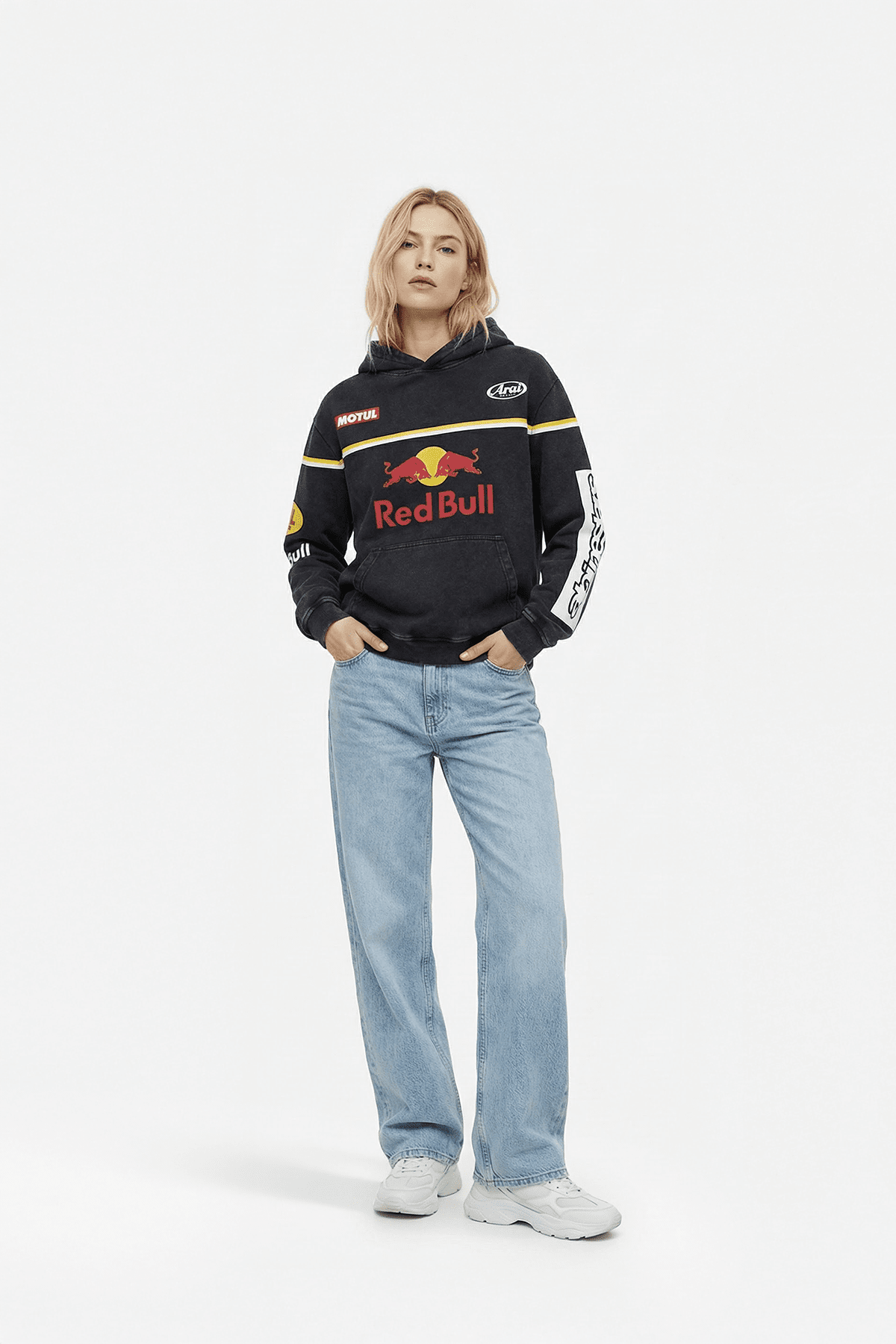 Red Bull racing hoodie with Motul and Arai logos, motorsport apparel from revnhaus
