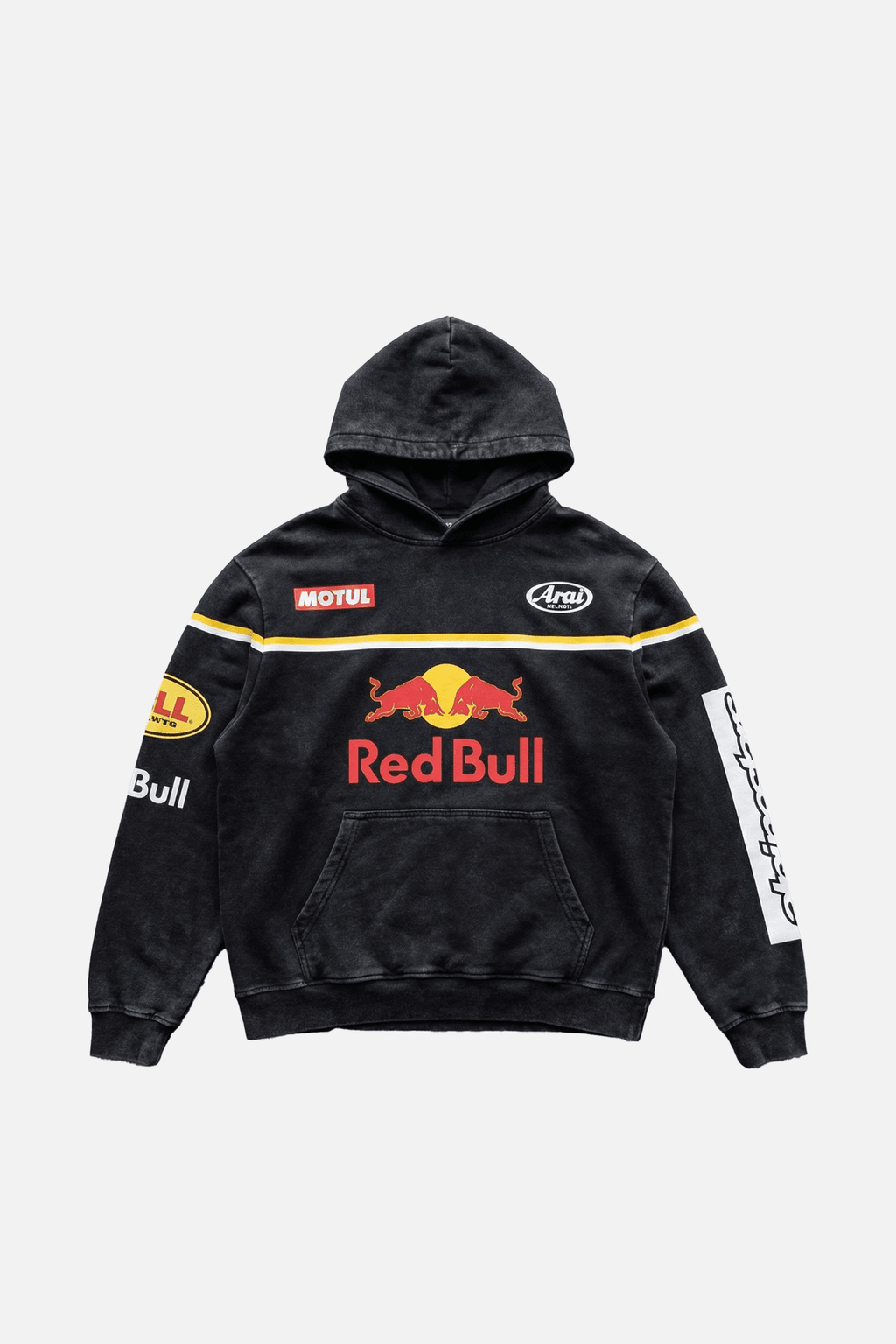 Black Red Bull racing hoodie with Motul and Arai logos, motorsport apparel from revnhaus