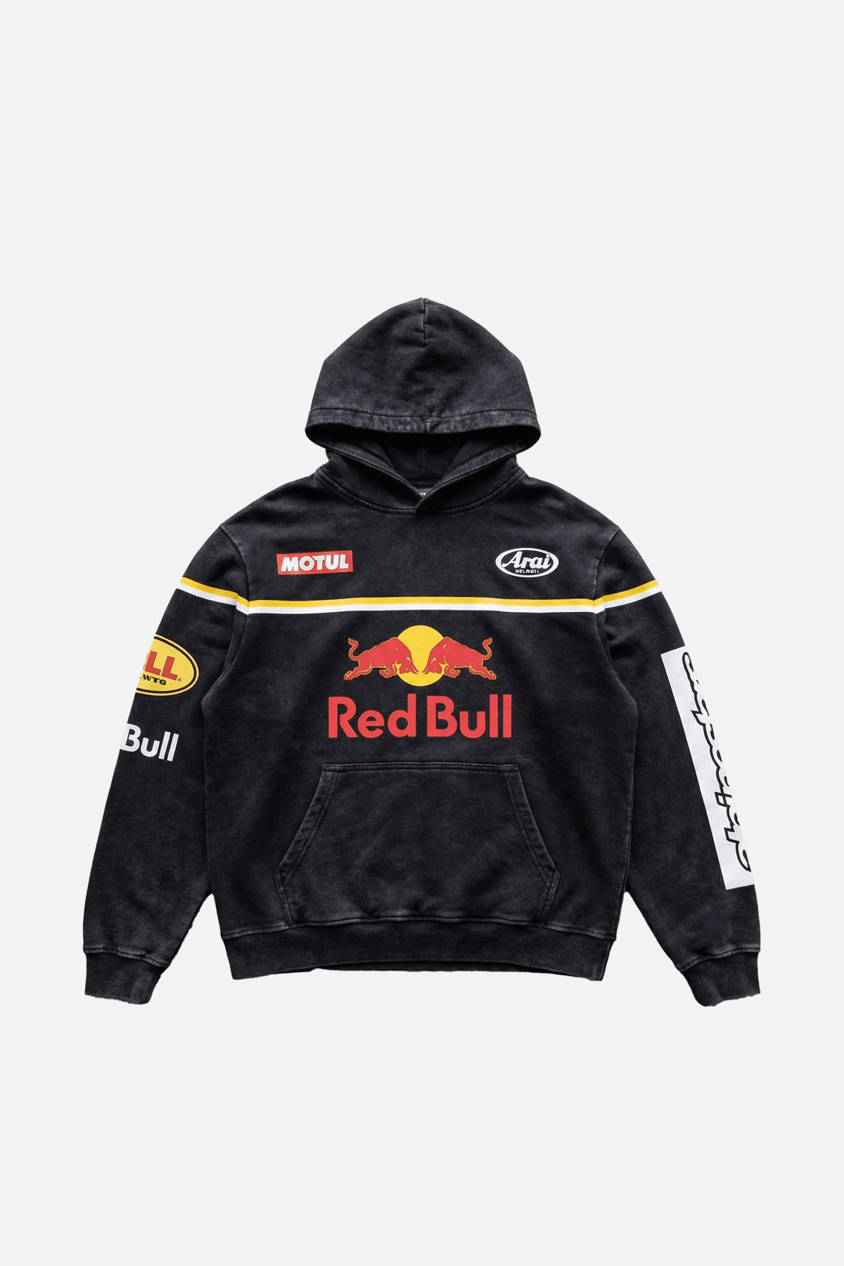 Black Red Bull racing hoodie with Motul and Arai logos, motorsport apparel from revnhaus