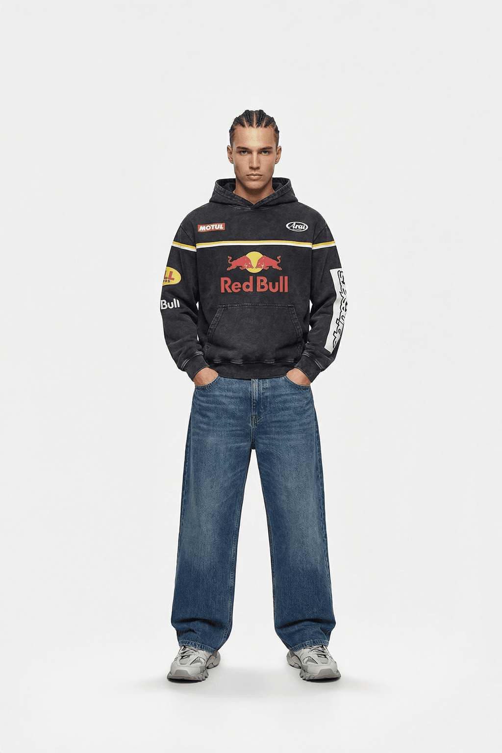 Red Bull racing hoodie with Motul and Arai logos, motorsport apparel from revnhaus