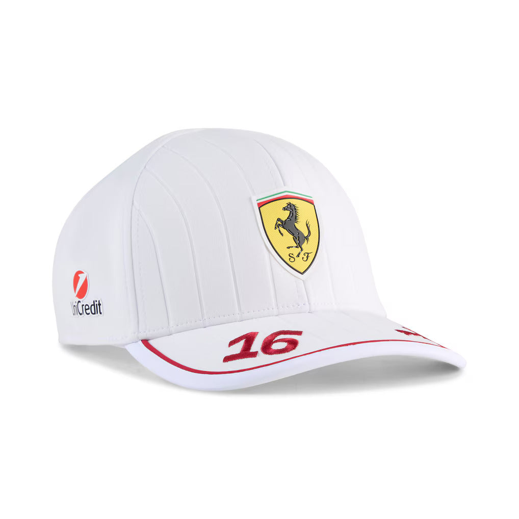 White Ferrari F1 cap with prancing horse logo, number 16, and UniCredit sponsor, from revnhaus