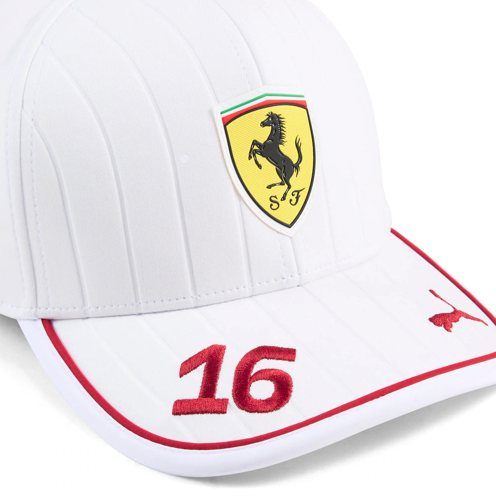 White Ferrari racing cap with #16 and Puma logo, motorsport apparel from revnhaus