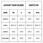 Jacket size guide with measurements for M, L, XL, XXL in inches from revnhaus