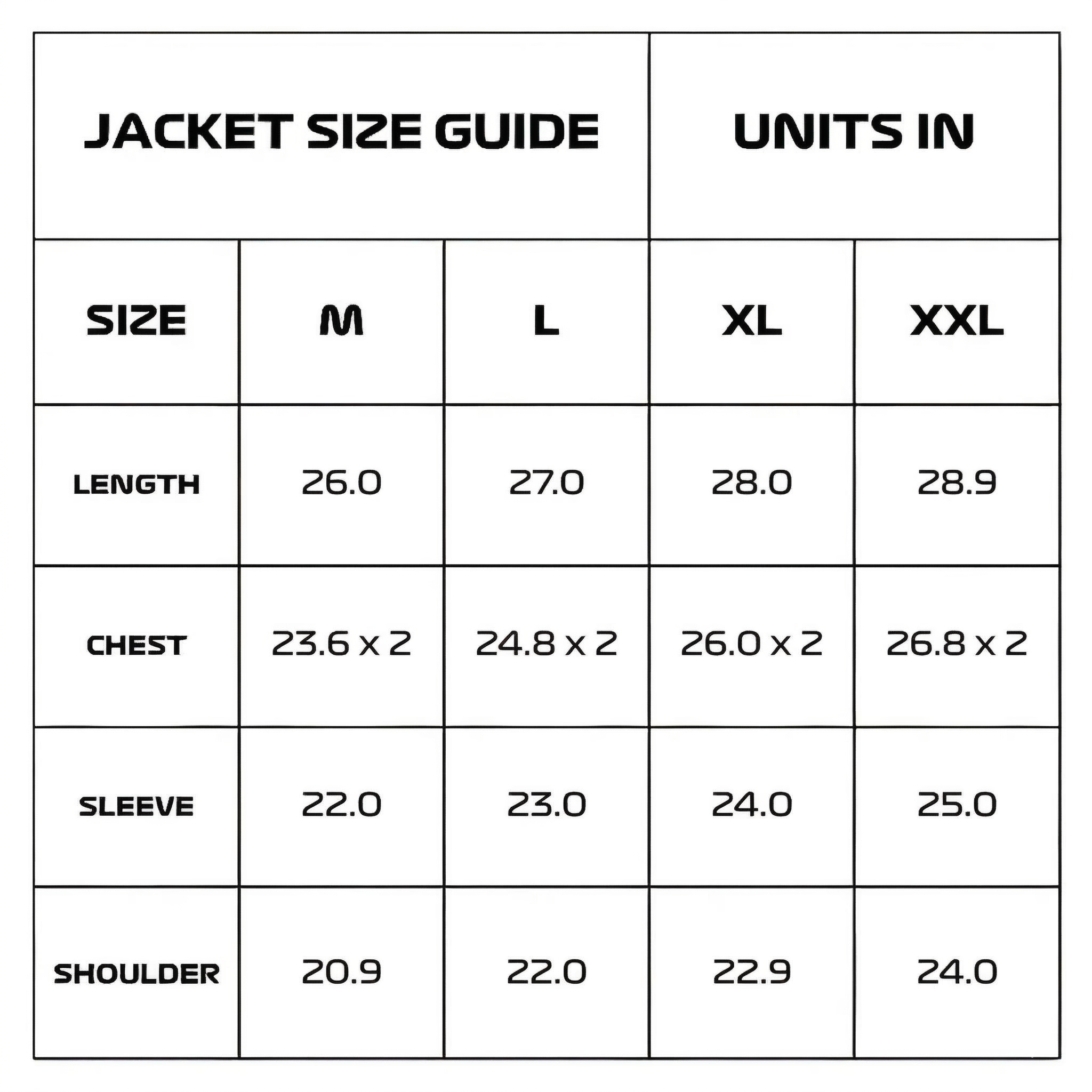 Jacket size guide with measurements for M, L, XL, XXL in inches from revnhaus