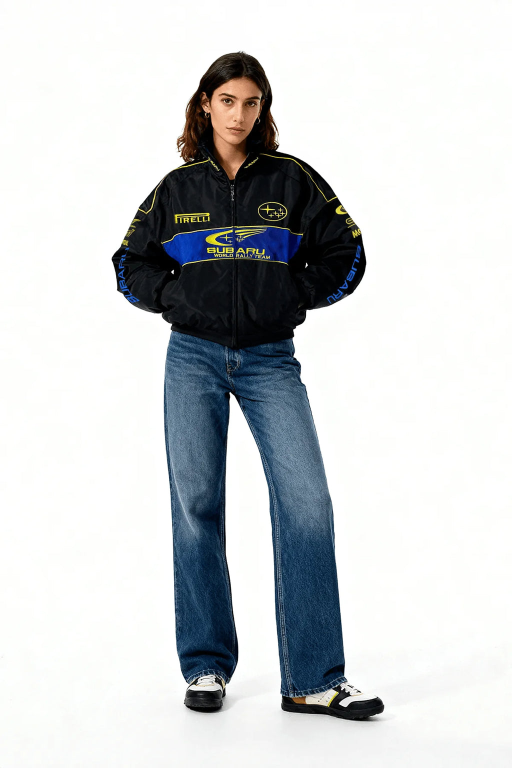 Subaru World Rally Team racing jacket with Pirelli logo, black blue yellow design from revnhaus