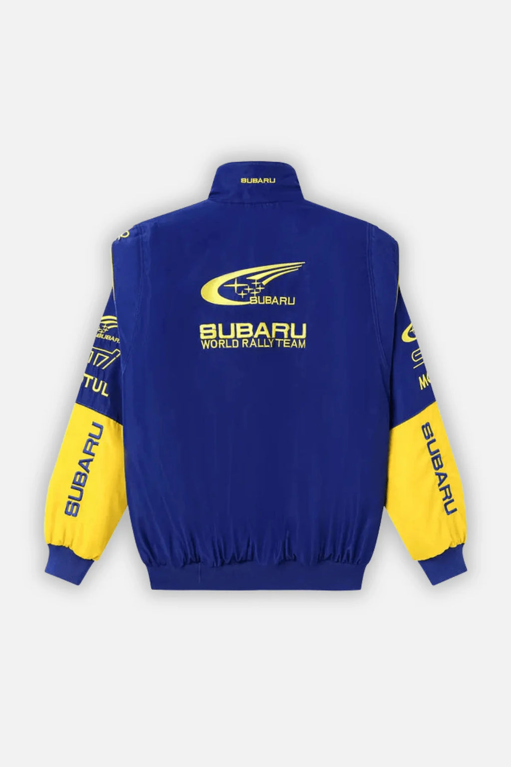 Blue and yellow Subaru World Rally Team racing jacket with logo details from revnhaus