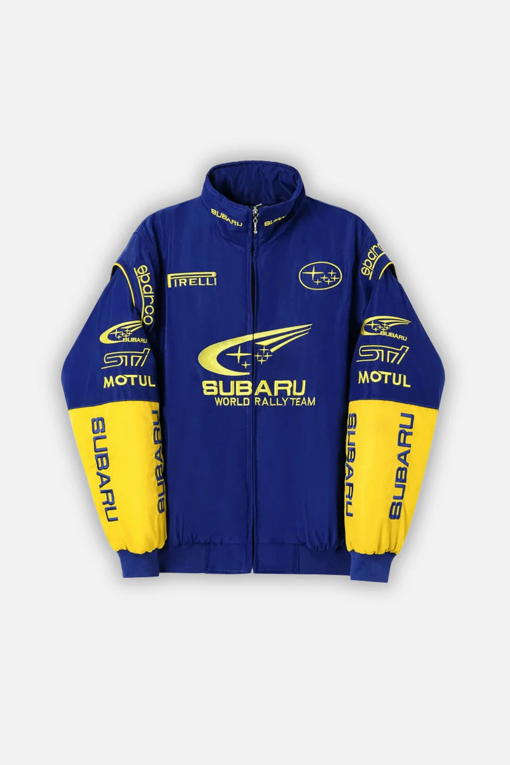 Blue and yellow Subaru World Rally Team racing jacket with Pirelli, Motul, STI logos from revnhaus