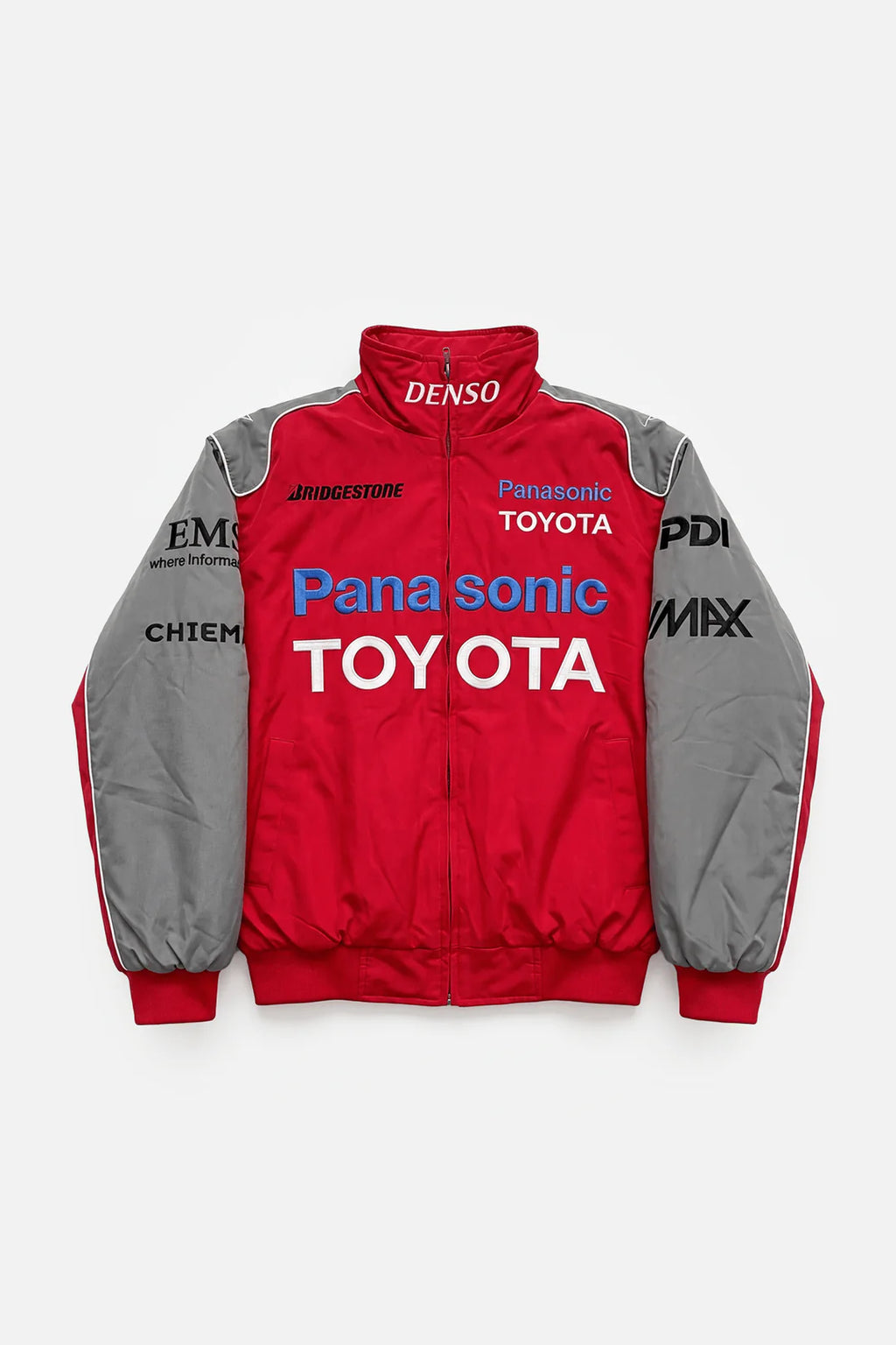 Red and gray Panasonic Toyota racing jacket with sponsor logos from revnhaus