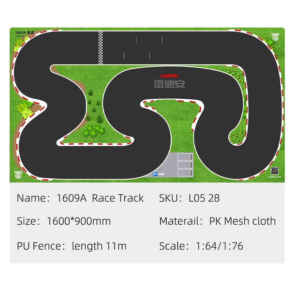 1609A RC race track mat with asphalt layout, green grass, and PU fence for 1:64/1:76 scale cars from revnhaus
