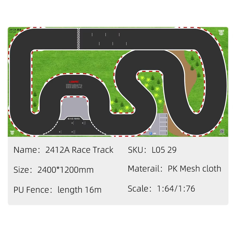2412A RC drift race track mat with green grass, trees, and PU fence, 1:64/1:76 scale from revnhaus