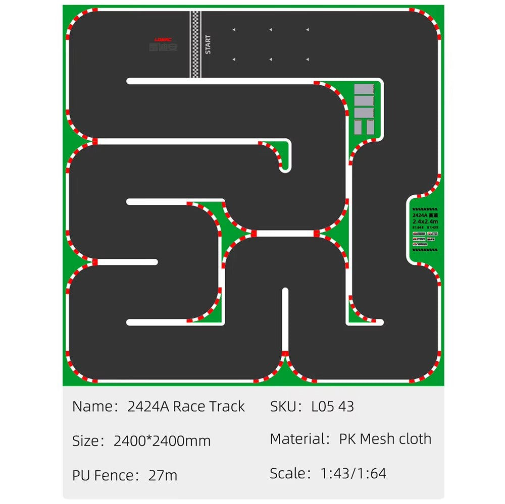2424A RC drift race track mat with start line, curves, and PU fence, 1:43/1:64 scale from revnhaus