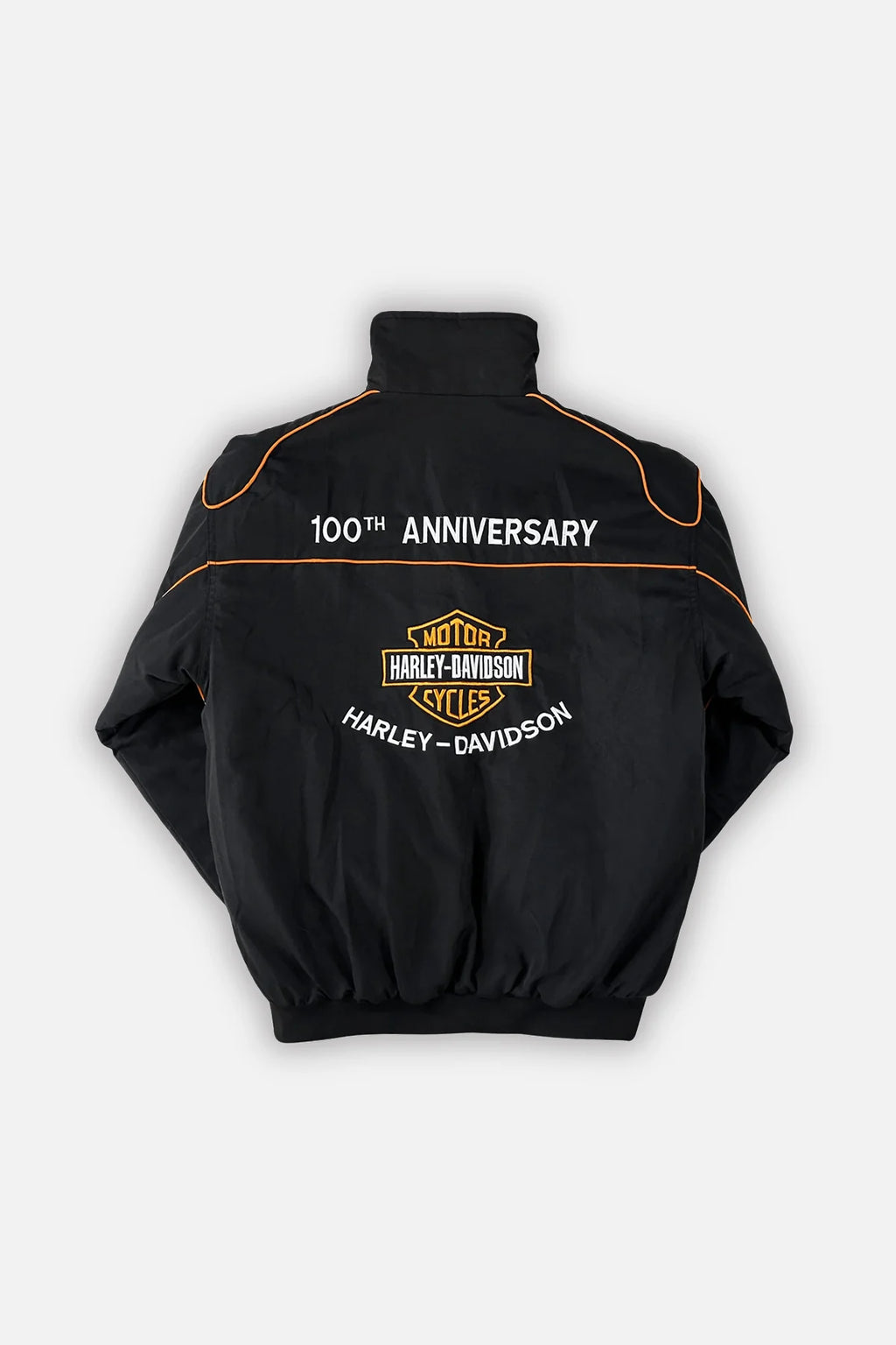 Black Harley-Davidson 100th Anniversary jacket with orange trim and logo, from revnhaus