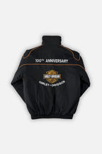 Black Harley-Davidson 100th Anniversary jacket with orange trim and logo, from revnhaus