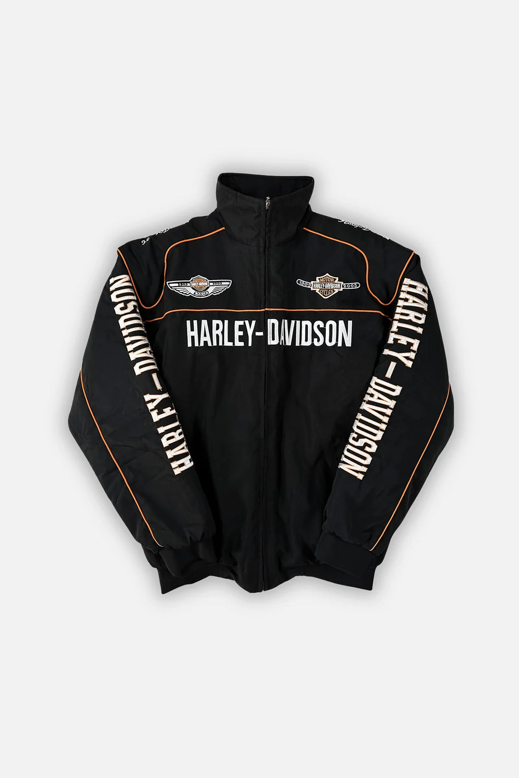 Black Harley-Davidson racing jacket with orange trim and logos, from revnhaus