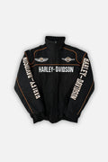Black Harley-Davidson racing jacket with orange trim and logos, from revnhaus