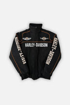 Black Harley-Davidson racing jacket with orange trim and logos, from revnhaus
