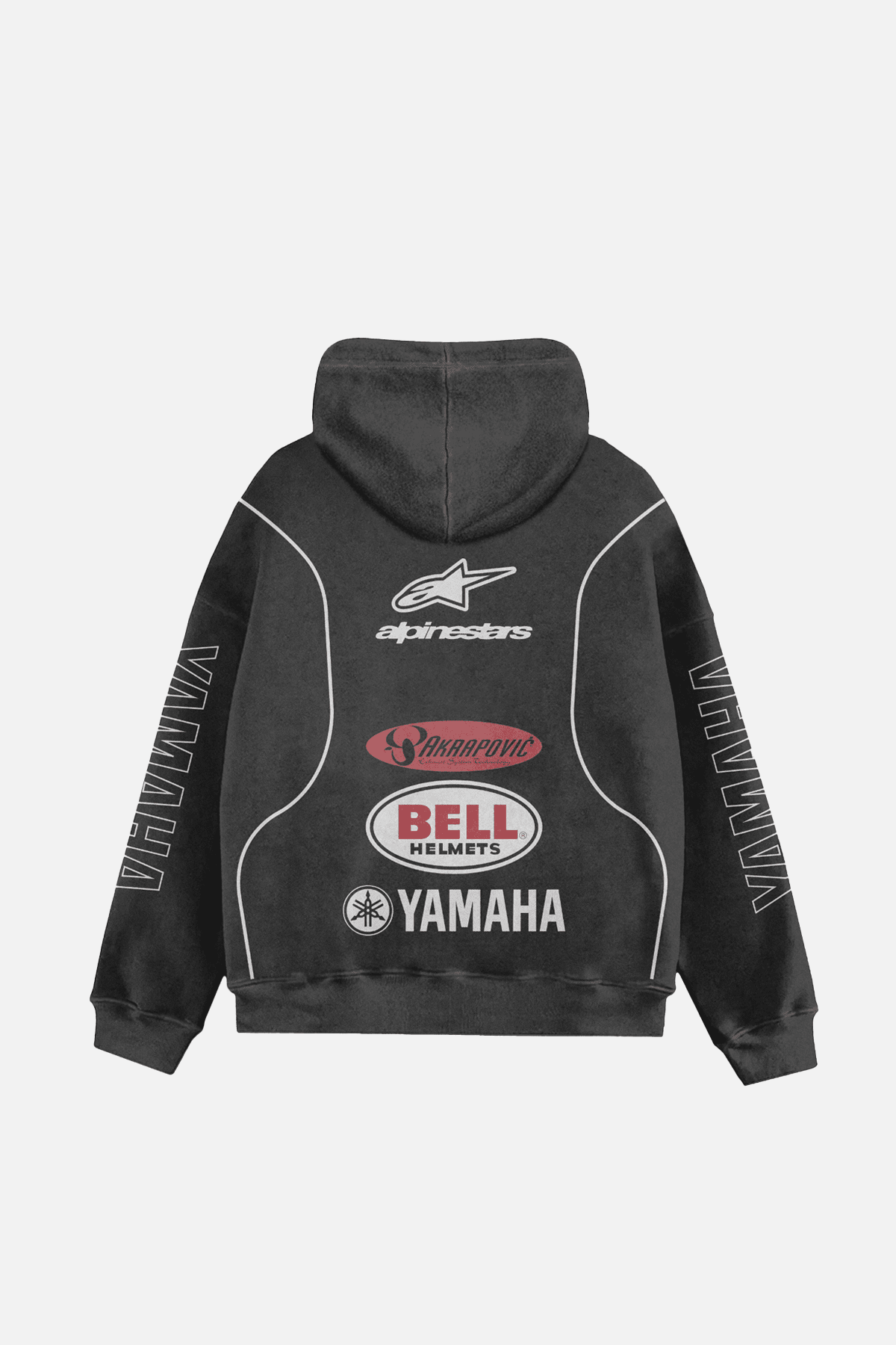 Black motorsport hoodie with Alpinestars, Akrapovic, Bell Helmets, Yamaha logos from revnhaus